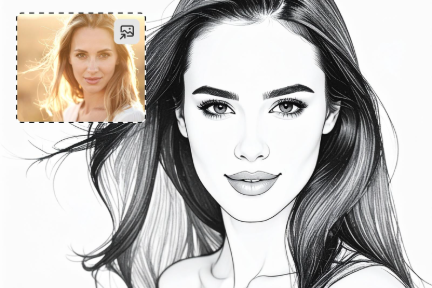 A black-and-white illustration of a woman with shoulder-length hair facing the camera. A photo in the top left corner with UI is shows a reference for the illustration.