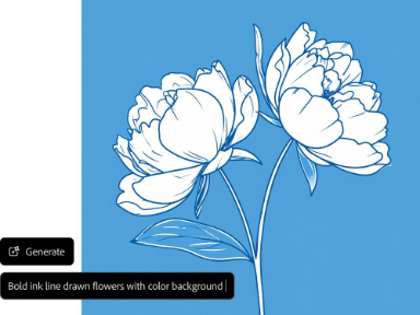 AI generated drawing of bold ink line flowers with blue background with text prompt example in AI drawing generator