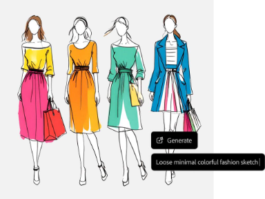 Loose minimal colorful AI drawing or sketch of four models in new fashion designs, with generate button and text prompt overlay in AI drawing generator