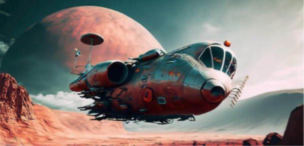 Image generated from AI prompt showing retro-futuristic airship hovering over red desert landscape beneath large pink moon