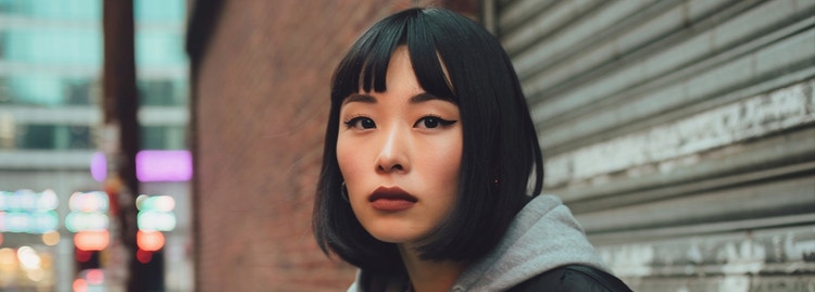 An AI-generated image of a cool-looking young women with a serious expression standing on a city street against a brick wall and sheet-metal garage door.