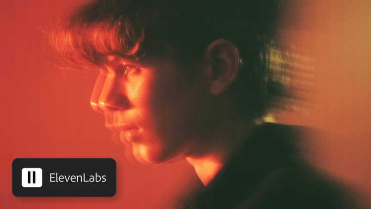 A stlylised image of a man in motion, listening to a voice memo, featuring ElevenLabs logo.