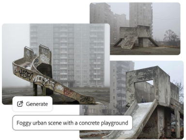 Collage of three AI-generated images of a foggy urban scene with a concrete playground.