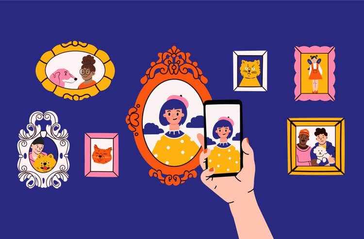 O ilustrație cu o mână care fotografiază cu un telefon cu cameră, pentru a digitiza fotografii și a le păstra în siguranță.