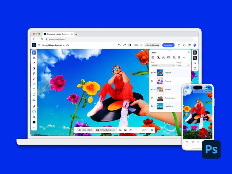 Laptop și telefon care prezintă editare foto cu GenAI