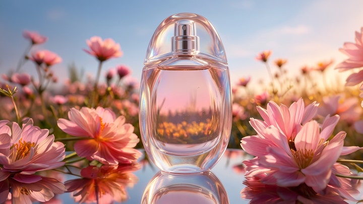 Imagine generată cu inteligența artificială a unei sticluțe de parfum cu lichid roz înconjurate de flori înflorite sub cerul albastru.
