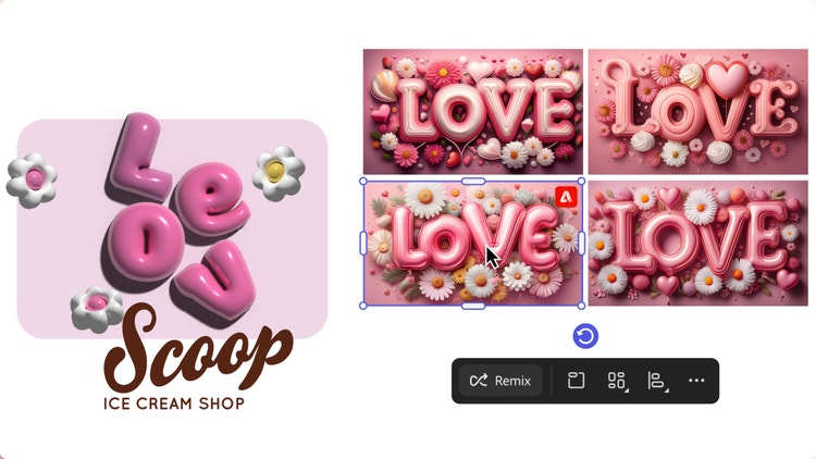 Exemplu de panou de stil digital pentru conturarea mărcii, cu mai multe imagini de flori albe pe un fundal roz și cu baloane roz în formă de litere care formează cuvântul „love” (dragoste).