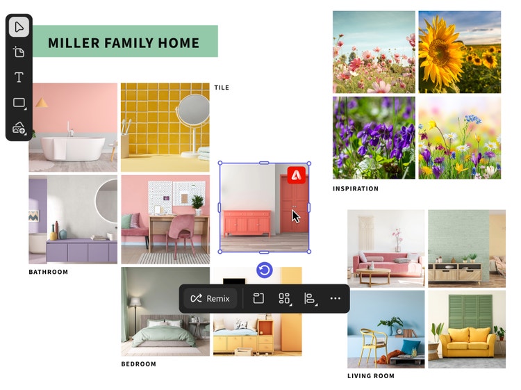 Exemplu de panou de stil pentru design interior, cu imagini inspirate de flori sălbatice și de fotografii colorate ale camerelor de zi, dormitoarelor și băilor.