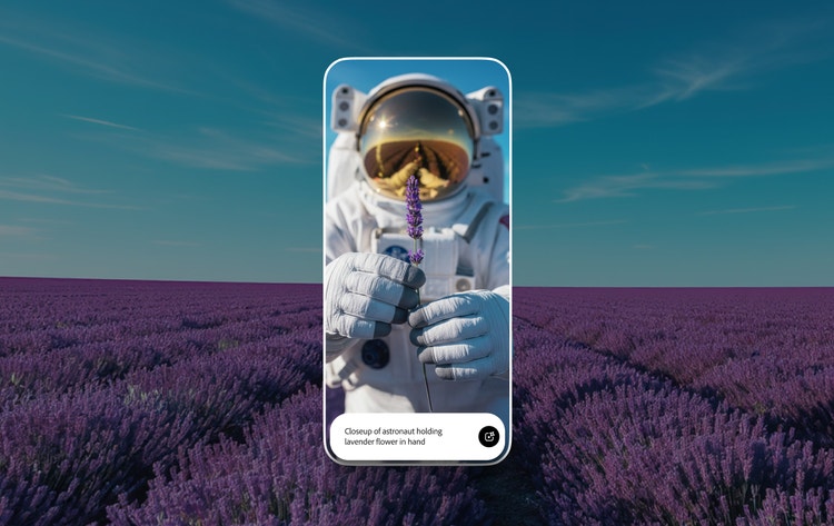 IInterfața aplicației mobile, care prezintă o imagine generată prin IA cu un astronaut ținând o floare de levănțică, aflat pe o câmpie mov, sub un cer albastru senin.