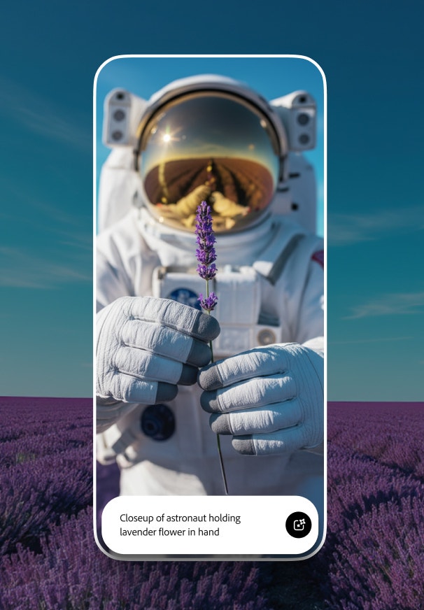 Interfața aplicației pentru mobil pe care se vede o imagine generată cu inteligența artificială a unui astronaut ținând o floare de lavandă într-un câmp violet, sub un cer albastru senin.
