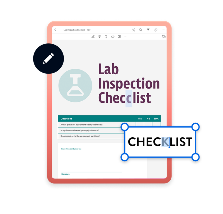 O tabletă care prezintă o listă de verificare a inspecției de laborator în format PDF