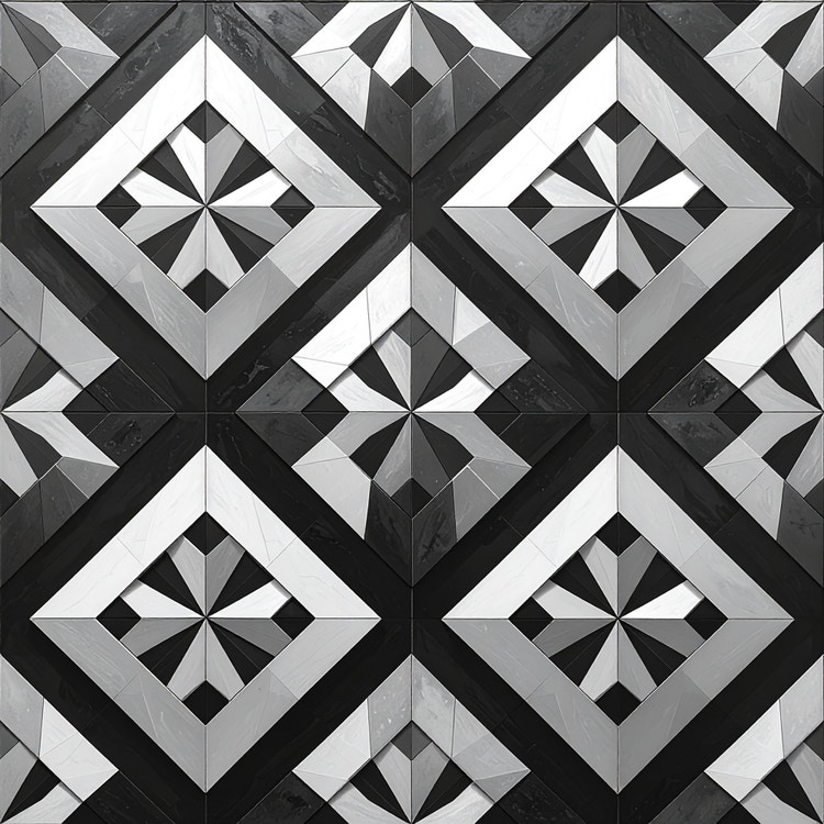Imagine generată de IA cu un model geometric repetitiv, monocrom, cu forme romboidale simetrice și contrast puternic în negru, alb și gri.