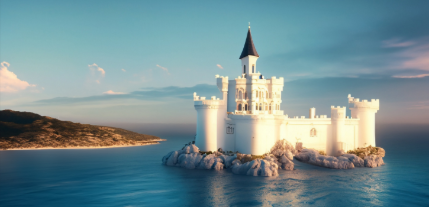 Castel generat cu Firefly situat pe stânci de coastă, ilustrând diferențele dintre inteligența artificială generativă și alte tipuri de IA