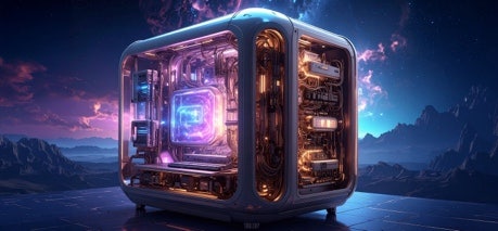 O imagine suprarealistă a unui PC strălucitor cu carcasă transparentă, pe fundalul unui peisaj montan și al unui cer înstelat, creată cu ajutorul inteligenței artificiale generative.