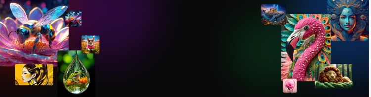 Banner cu un colaj care prezintă exemple de stiluri de lucrări de artă în stil fantezie, digitală și ilustrată generată de inteligența artificială