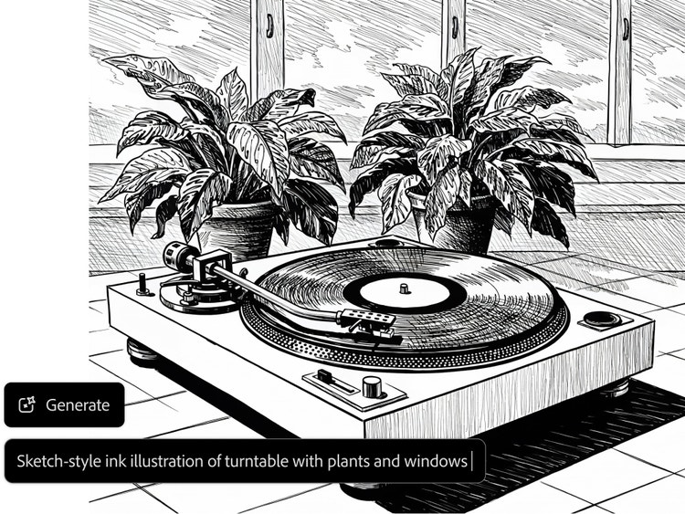 O imagine alb-negru a unui pick-up și a două plante, cu interfața de utilizare. Indicația este: „Ilustrație în cerneală, în stil schiță, cu un pick-up, plante și ferestre”.