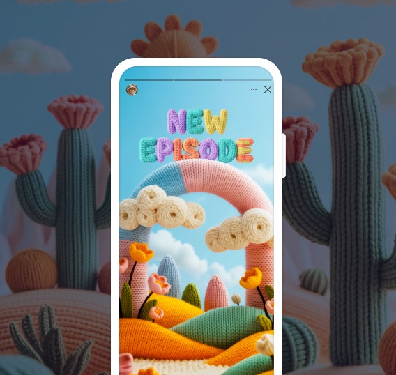 Un ecran de titlu al unui videoclip cu textul „Episod nou” cu litere colorate cu aspect de tricotaj alături de același ecran video redimensionat pentru un ecran de telefon mobil.