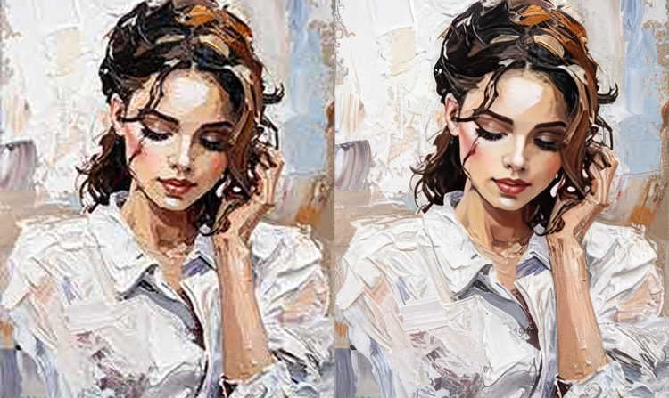 O comparație alăturată a acelorași ilustrații picturale cu o femeie cu păr șaten – imaginea din dreapta este mai clară, dar păstrează toate calitățile stilistice ale celei originale.