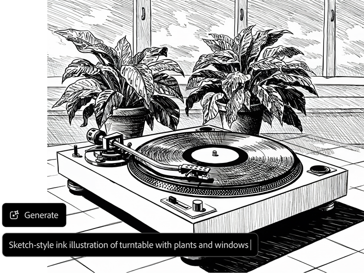 O imagine alb-negru a unui pick-up și a două plante, cu interfața de utilizare. Indicația este: „Ilustrație în cerneală, în stil schiță, cu un pick-up, plante și ferestre”.