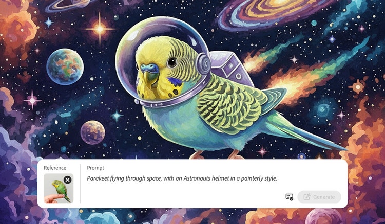 Un papagal generat de inteligența artificială, purtând un costum spațial, creat cu ajutorul generatorului de portrete pentru animale de companie bazat pe inteligența artificială oferit de Firefly, cu suprapunere de indicații text-la-imagine.