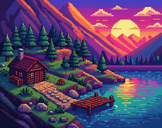Scenă pixel art izometrică, reprezentând o cabană și o potecă ce coboară spre un ponton de pe malul unui lac, în timp ce în depărtare soarele strălucitor apune în spatele unor munți portocalii.
