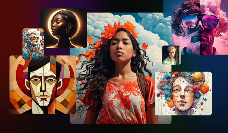 Galerie digitală de portrete ce prezintă diverse stiluri de personaje și efecte artistice într-un generator de portrete cu inteligență artificială