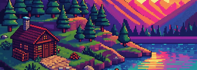 Scenă pixel art izometrică, reprezentând o cabană și o potecă ce coboară spre un ponton de pe malul unui lac, în timp ce în depărtare soarele strălucitor apune în spatele unor munți portocalii.
