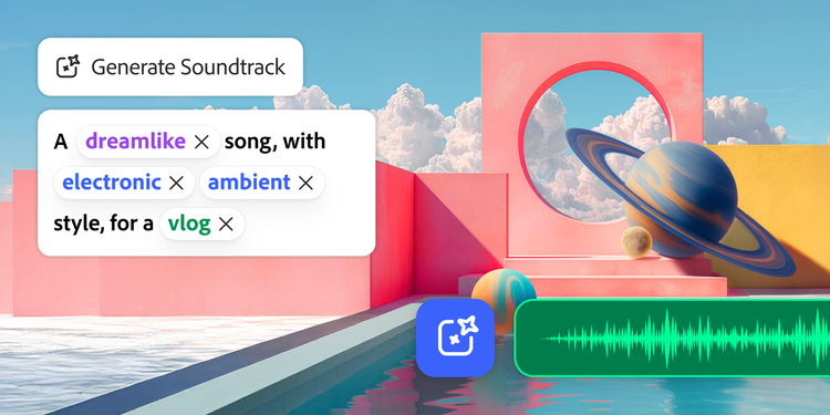 Interfață generator de muzică cu inteligență artificială cu diverse stiluri muzicale și cu vizualizare a undelor sonore pe un fundal arhitectural vibrant.