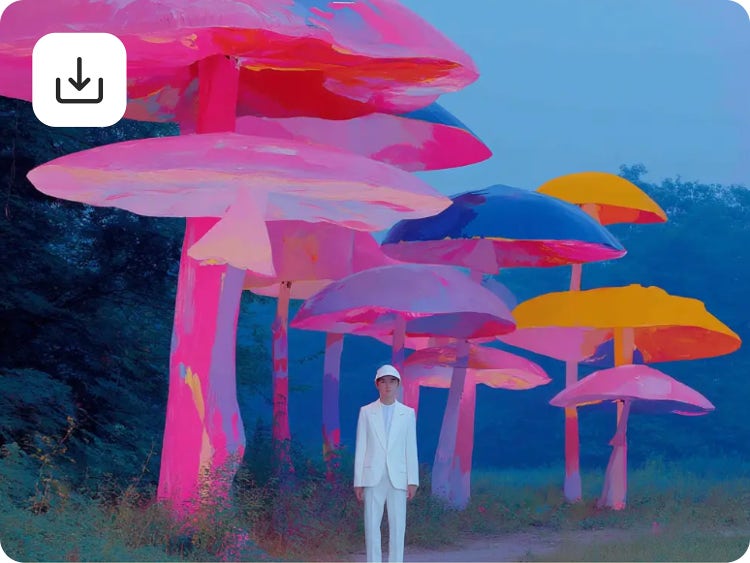 O persoană într-un costum alb lângă o pădure cu ciuperci colorate, cu un buton de descărcare suprapus pentru exportul de fișiere de inteligență artificială imagine la imagine.