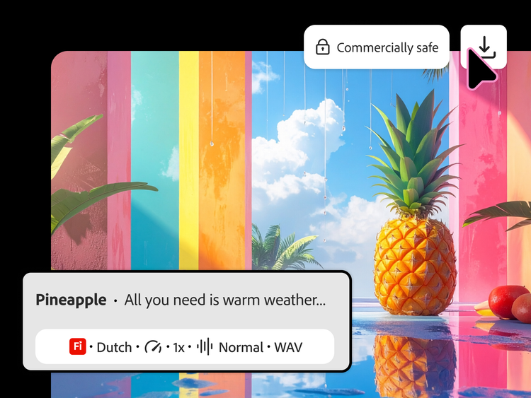 O imagine viu colorată a unui ananas pe o plajă. În casetele din dreapta sus scrie „Sigur pentru uz comercial“, iar un cursor face clic pe o pictogramă a funcției de descărcare. În stânga jos se află interfața de utilizare pentru narațiune vocală.
