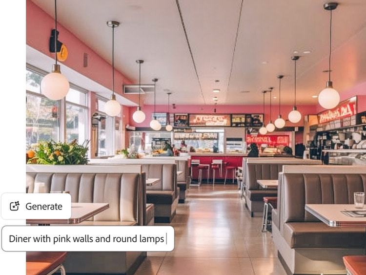 Un restaurant vesel, luminos, cu suprapunerea barei de indicații din Firefly și indicația: „Local cu pereți roz și lămpi rotunde”.