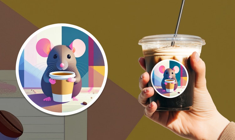 O ilustrație cu un șoricel care savurează o cafea este aplicată pe un design de autocolant și lipită pe un pahar de cafea de unică folosință.