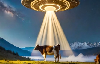 O vacă pe un câmp, cu un OZN deasupra, ilustrând generarea de imagini cu ajutorul IA în Firefly vs. Nightcafe