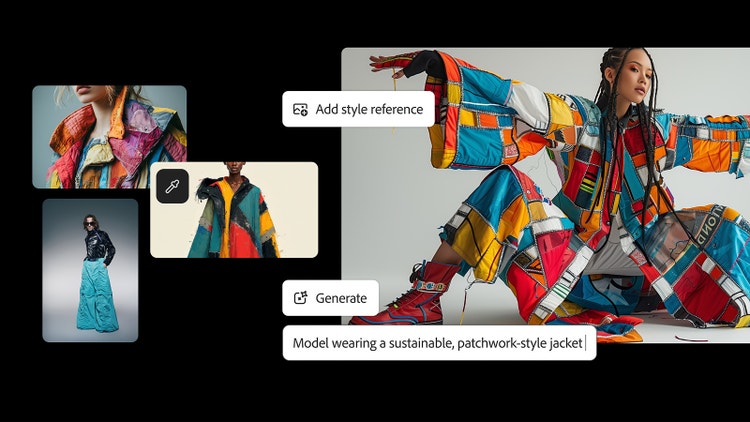 Un panou de stil pentru modă cu inteligență artificială din Panouri Firefly, cu indicație text la imagine și cu imagini de referință stilistice ale modelelor care poartă paltoane supradimensionate confecționate din diferite bucăți de țesătură.