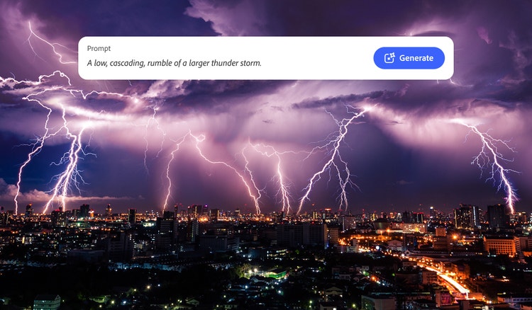 O furtună cu fulgere deasupra unui oraș mare și o indicație text în generatorul de sunete IA Firefly pentru efecte sonore de tunete.