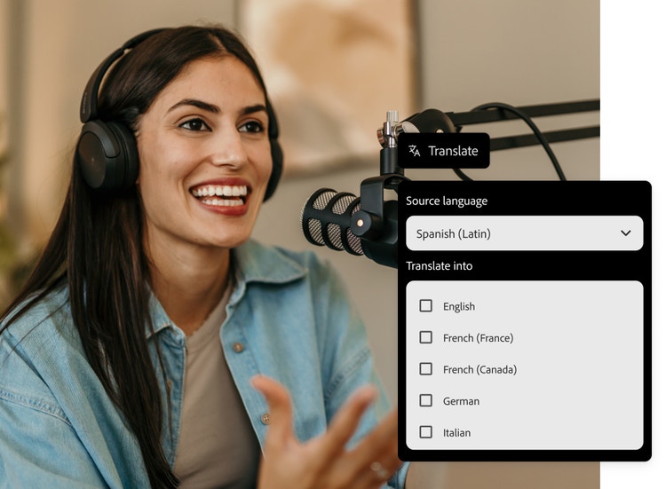 O femeie la un microfon, purtând căști, cu opțiuni de traducere AI audio suprapuse pe imagine.
