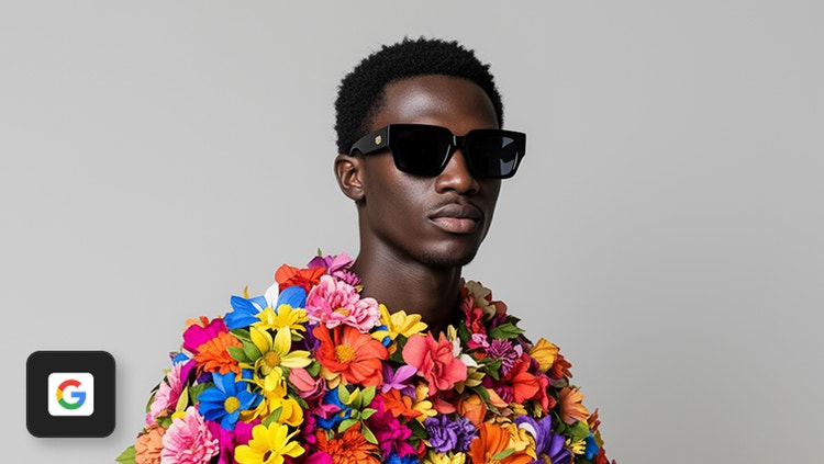 Imagine generată de inteligență artificială Gemini, accesibilă prin Adobe Firefly, care arată o persoană într-o ținută colorată cu tematică florală, cu logoul Gemini în colțul din stânga jos.