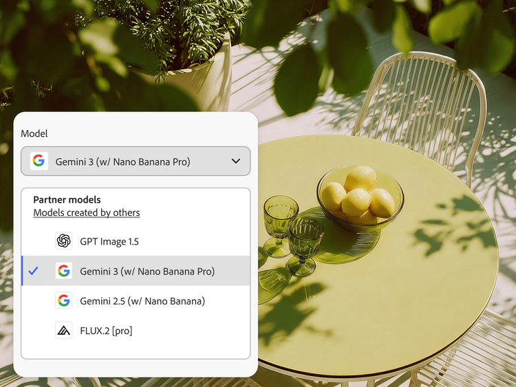 O imagine cu o masă goală, văzută de sus, în aer liber într-o zi însorită, cu un bol cu lămâi verzi și două pahare goale deasupra. În stânga se află interfața de utilizare, unde ca model disponibil este selectat Gemini 3 (cu Nano Banana Pro).