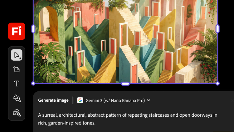 Interfața Firefly, cu Gemini 3 (cu Nano Banana Pro) selectat ca model disponibil. Indicația este: „Un model suprarealist arhitectural, abstract, de scări repetitive și uși deschise, în tonuri bogate inspirate de grădini”. Imaginea prezintă un exemplu al acestui concept.