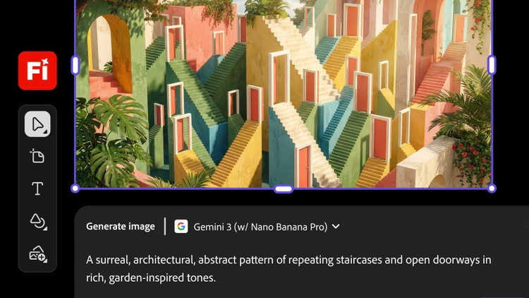 Interfața de utilizare din Firefly, cu Gemini 3 (cu Nano Banana Pro) selectat ca model disponibil. Indicația este: „Un model suprarealist arhitectural, abstract, de scări repetitive și uși deschise, în tonuri bogate inspirate de grădini.” Imaginea prezintă un exemplu al conceptului respectiv.