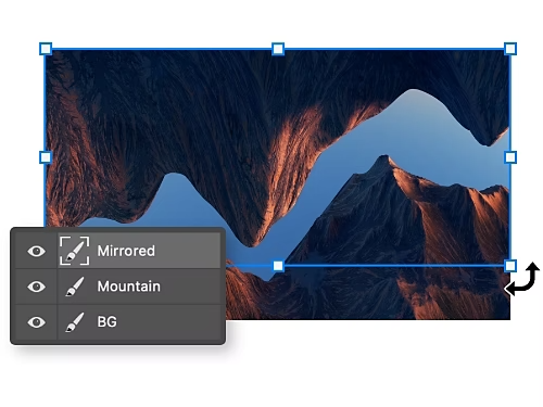 O imagine Adobe Stock cu munți. Munții au fost duplicați și rotiți, pentru a crea un efect de oglindă.