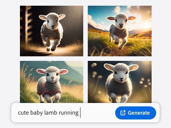 Firefly generated cute baby lamb running with different backgrounds