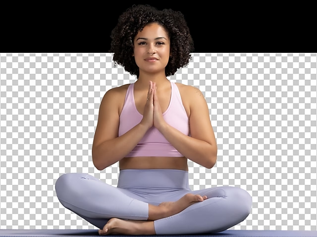 Woman sitting in a yoga prayer pose with a transparent background