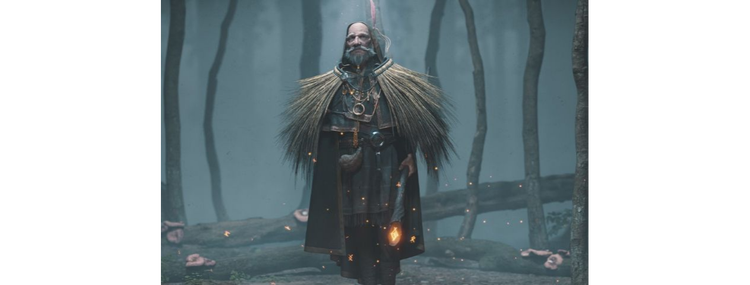 3D created character in medieval clothes in woods