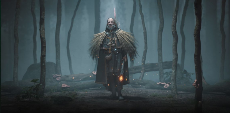 3D created character in medieval clothes in woods