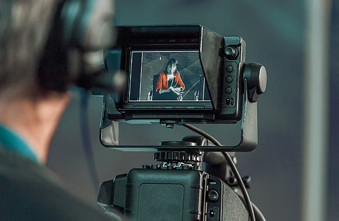 مصور فيديو ينظر إلى شاشة عرض الكاميرا