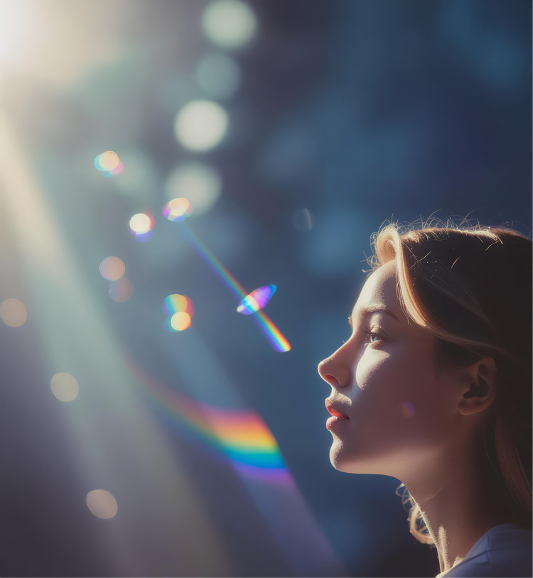 صورة مصممة بالذكاء الاصطناعي لشخص بشعر طويل ينساب يقف أسفل إضاءة مسرح درامية مع توهجات عدسة ملونة في الخلفية.