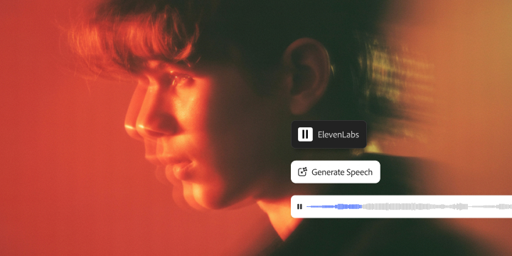 صورة مُنمقة لرجل يتحرك ويستمع إلى رسالة صوتية؛ تعرض واجهة مستخدم Firefly Generate Speech وشعار ElevenLabs.