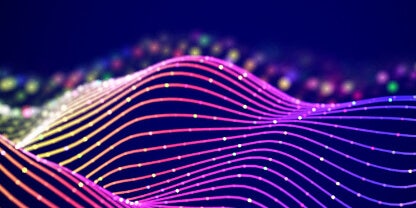 Neon pink, purple, and yellow audio waves