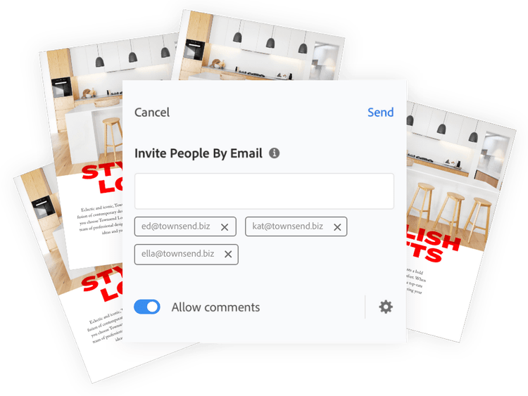 Multiple versions of the same PDF document fanned behind a pop up message showing the option to invite people by email; three email addresses have been added and "Allow comments" is toggled